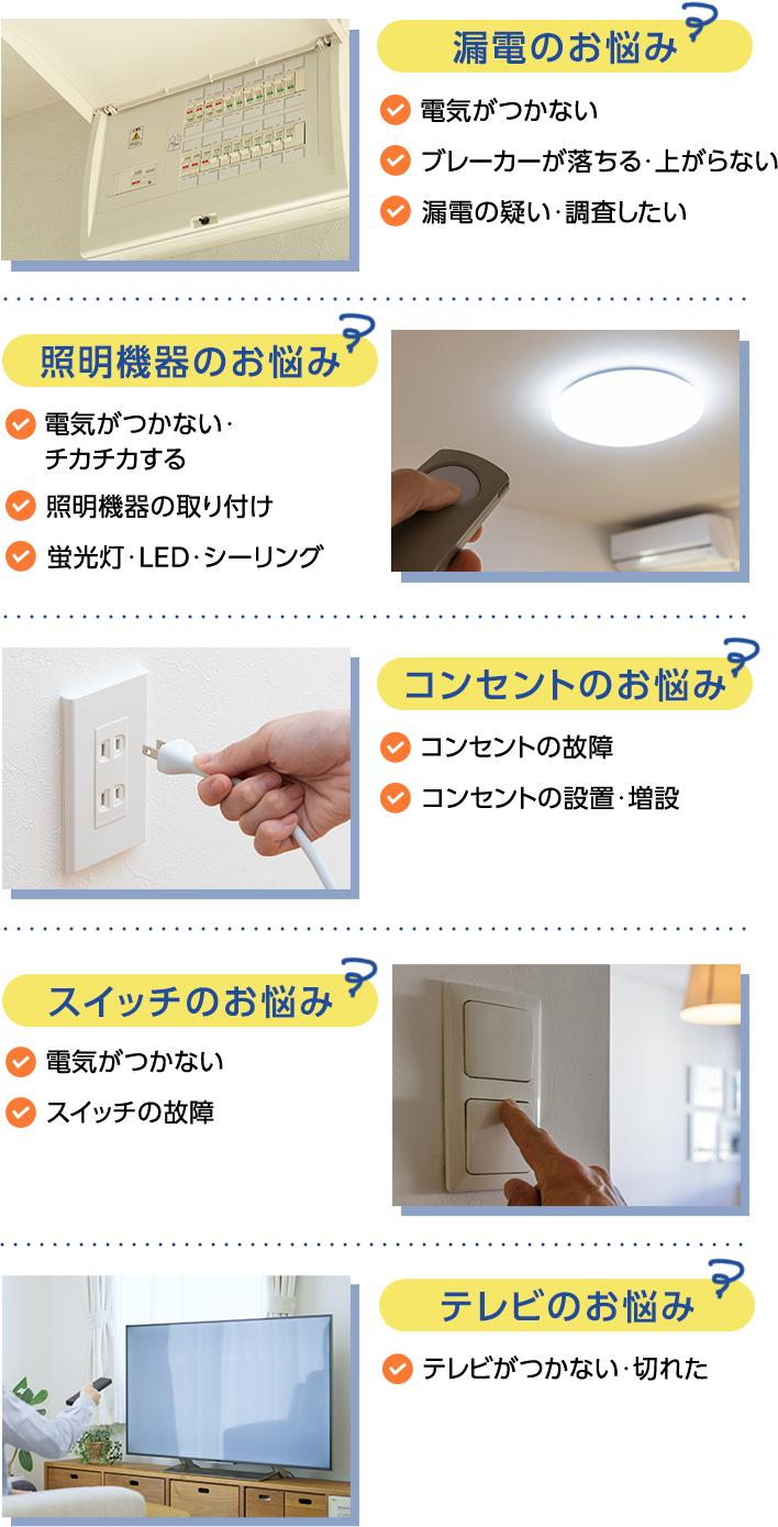 漏電のお悩み 照明機器のお悩み コンセントのお悩み スイッチのお悩み テレビのお悩み