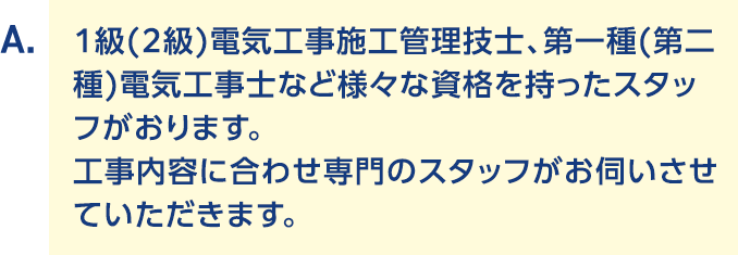 A.1級(2級)電気工事施工管理技士、第一種(第二種)電気工事士など様々な資格を持ったスタッフがおります。工事内容に合わせ専門のスタッフがお伺いさせていただきます。